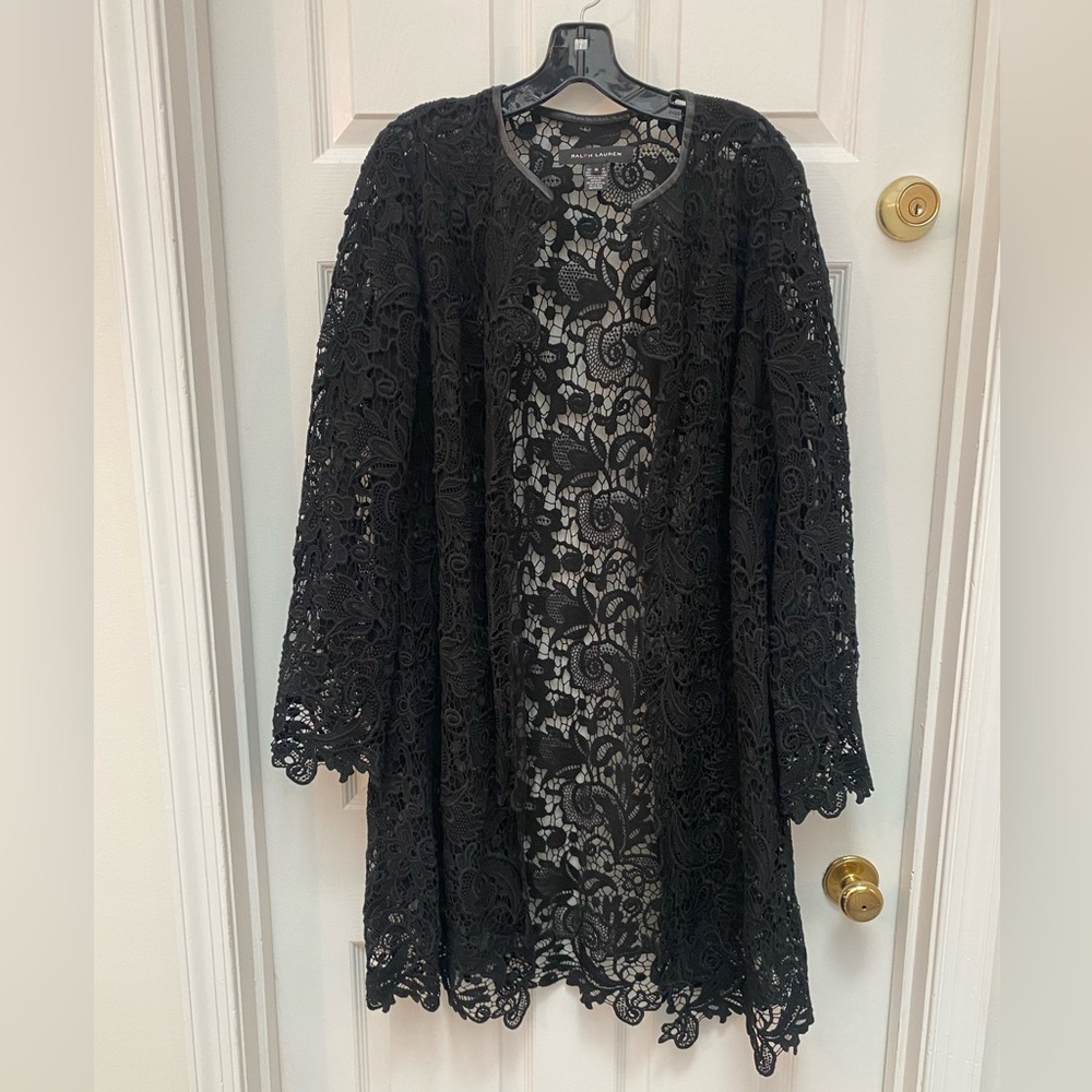 Ralph Lauren Black Label Elegant Lace & Leather Trim Duster Jacket - 14